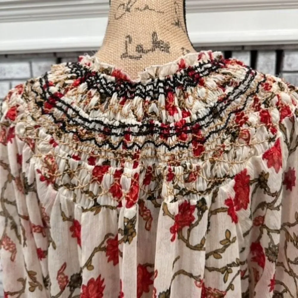 Free People Women's Keeping Up With Kara Floral Tunic Top Ivory Red Size Medium‎